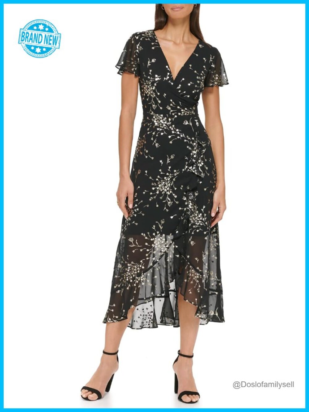 Sequined Flutter Sleeve Faux Wrap Midi Dress